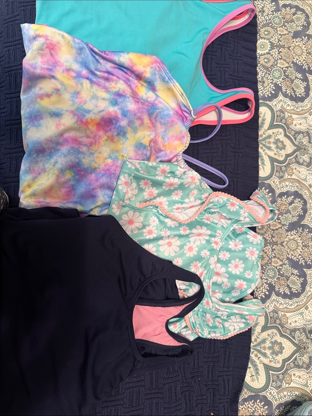 Assorted Girls'  Bathing Suits-Tie Dye, Daisy Print, Solid Teal & Navy.
